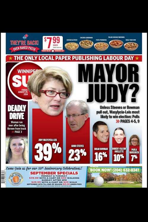 Mayor Judy Unless Steeves or Bowman pull out, Wasylycia Leis most likely to win election